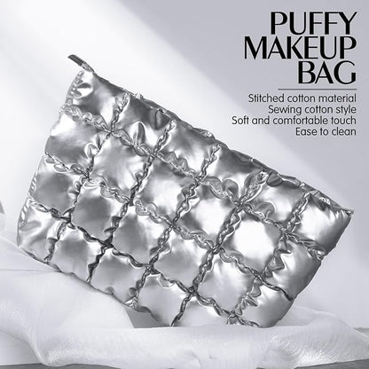 Hillban Puffy Quilted Makeup Bag Quilted Cosmetic Bag Cute Puffer Toiletry Checkered Pouch Aesthetic Travel Makeup Brushes Organizer(Silver,Classic)