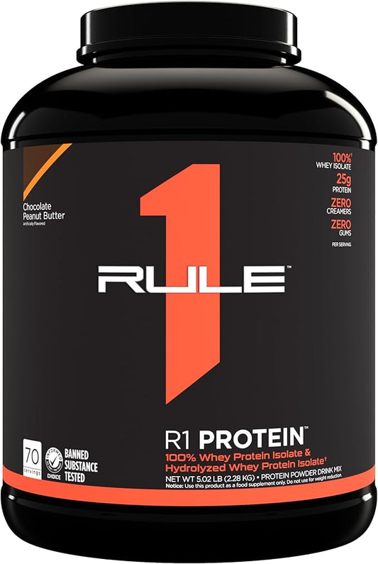 Rule One Proteins R1 Protein - 25g Fast-Acting, Super-Pure 100% Isolate and Hydrolysate Protein Powder with 6g BCAAs (5 Pounds*, Chocolate Peanut Butter)