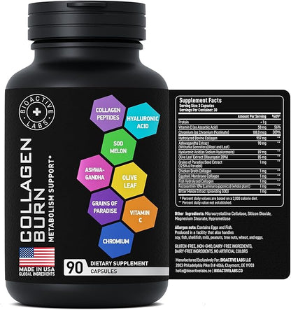 Thermogenic Multi Collagen Burn Capsules - Advanced Collagen Complex Type I, II, III, V, X Collagen for Cellulite Defense - Hydrolyzed Collagen Peptides Plus Hyaluronic Acid - 90 Collagenic Burn Caps