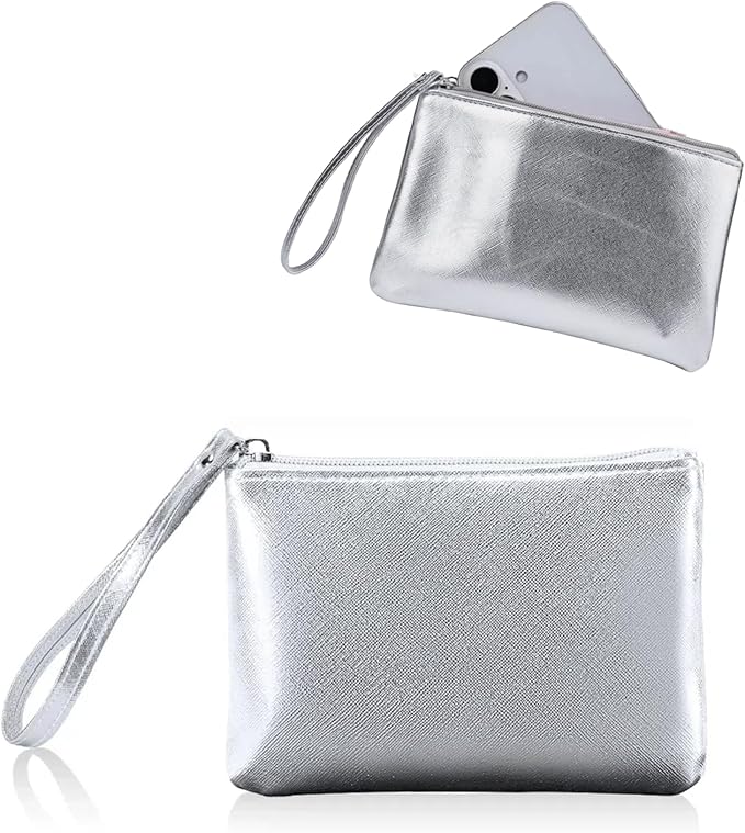 Small Makeup Bag for Purse Mini Cosmetic Pouch Zipper Little Wristlet, Tiny Make Up Organizer Lipstick Feminine Product Car Change Coin Holder for Women Handbags, 8 x 5 Clutch Phone Wallet,1 Silver