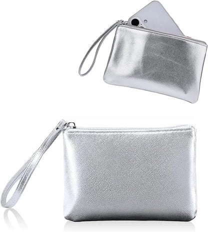 Small Makeup Bag for Purse Mini Cosmetic Pouch Zipper Little Wristlet, Tiny Make Up Organizer Lipstick Feminine Product Car Change Coin Holder for Women Handbags, 8 x 5 Clutch Phone Wallet,1 Silver