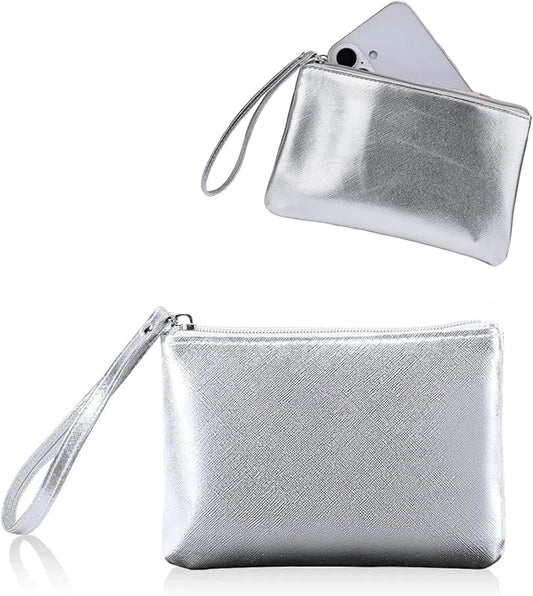 Small Makeup Bag for Purse Mini Cosmetic Pouch Zipper Little Wristlet, Tiny Make Up Organizer Lipstick Feminine Product Car Change Coin Holder for Women Handbags, 8 x 5 Clutch Phone Wallet,1 Silver