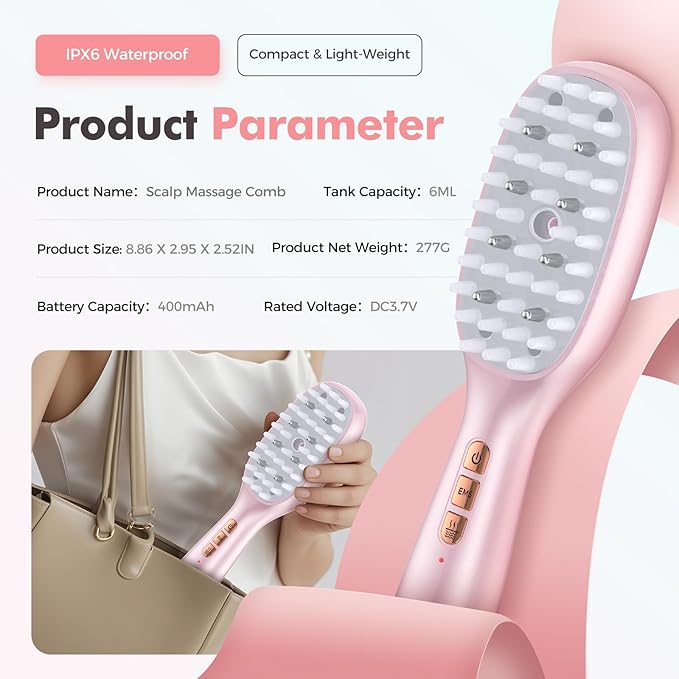 Rechargeable 3-in-1 Scalp Massager Nano Mist Hair Oil Applicator Brush with Cooling Vibration & Hydrating Design | Effortless Detangling, Soothing Relaxation for All Hair Types