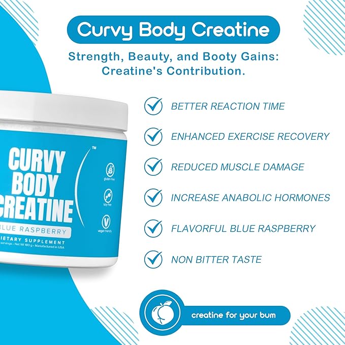 Curvy Body Creatine Monohydrate Powder | Workout Support | Vegan | Kosher | Blue Raspberry Flavor 180 Grams (30 Servings)
