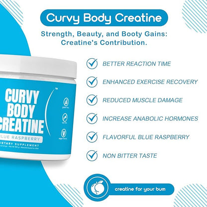 Curvy Body Creatine Monohydrate Powder | Workout Support | Vegan | Kosher | Blue Raspberry Flavor 180 Grams (30 Servings)