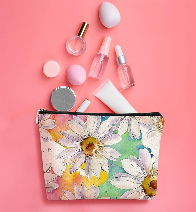 White Daisy Flowers Makeup Bag,Watercolor Botanical Flower Cosmetic Bag Best Gift Idea for Teen Girls Women,Birthday Christmas Gifts for Girls Women Daughter Sister