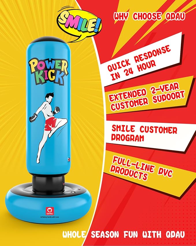 QPAU Kids Punching Bag Toy with Boxing Gloves, 66 Inch Larger Stable Kids Inflatable Boxing Bag Set, Gifts for Boys & Girls Age 6-12, for Practicing Karate, Taekwondo, MMA