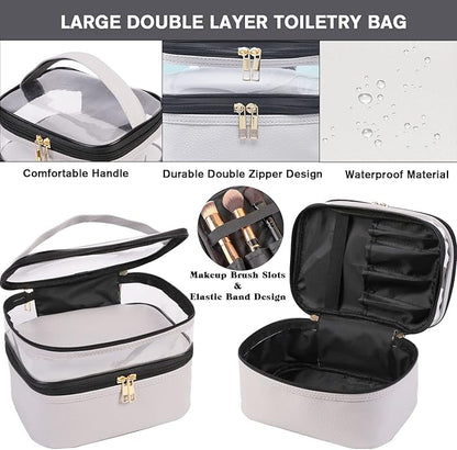 FITINI 3 Pieces Makeup Bags Double Layer Travel Large Cosmetic Cases Organizer Toiletry Bags Waterproof Small Zipper Pouch for Women Makeup Brush Storage Bag,Gray