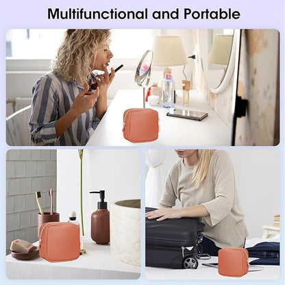 Wandering Nature Small Makeup Bag for Purse Mini Make up Pouch Cute Cosmetic Pouch for Women with Slip-in Pockets Vegan Leather, Orange