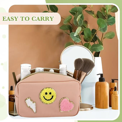 Sanwuta 4 Pcs Hair Face Skin Travel Bag Set Preppy Makeup Pouch PU Leather Skincare Bag Waterproof Cosmetic Organizer Birthday Christmas Gifts(Beige, Khaki, Pink, Nude Pink,Fresh Style)