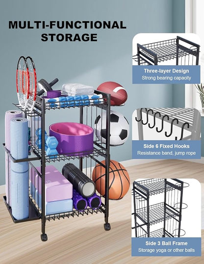 Yoga Mat Storage Rack, Home Gym Organizer Rack Yoga Mat Holder, Workout Storage for Yoga Mat, Gym Equipment Storage Cart with Wheels and Hooks for Home Exercise and Fitness Gear