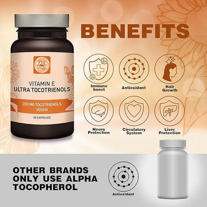 KALA HEALTH Ultra Tocotrienol 200mg Vitamin E Vegan – All 4 tocotrienols - Tocopherol Free - Supports Immune Health & Antioxidant Health Tocotrienols Supplement