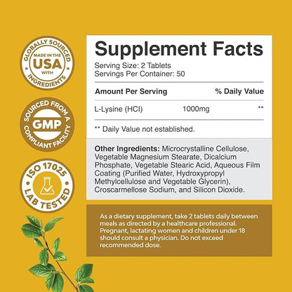 L Lysine 1000mg Free Form - High Strength L-Lysine Supplement for Eye Health Lip Care Collagen Synthesis and Immune Support - Essential Amino Acid Vegan Non-GMO 1000mg per Serving - 100 Tablets