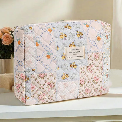 Quilted Makeup Bag,Floral Makeup Bag,Cotton Makeup Bag Set for Women,Travel Makeup Bag,Large Toiletry Cosmetic Bag Makeup Bag Organizer for Women Girls (M2-1PC)