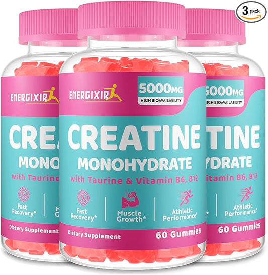 Creatine Monohydrate Gummies 5000mg for Men & Women, Creatine Pre Workout Chewables Supplement with Taurine & B6 - for Muscle, Recovery, Strength, Energy & Endurance and Performance, Vegan - 180 Count