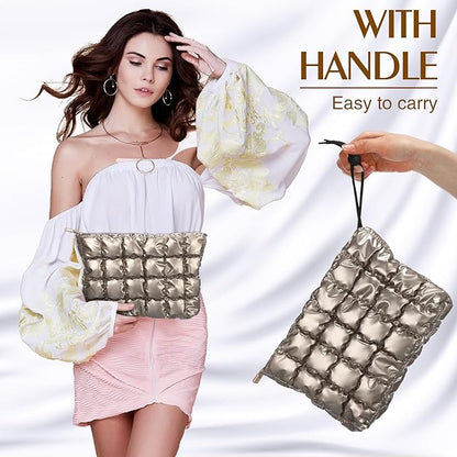 Hillban Puffy Quilted Makeup Bag Quilted Cosmetic Bag Cute Puffer Toiletry Checkered Pouch Aesthetic Travel Makeup Brushes Organizer(Champaign Gold,Classic)