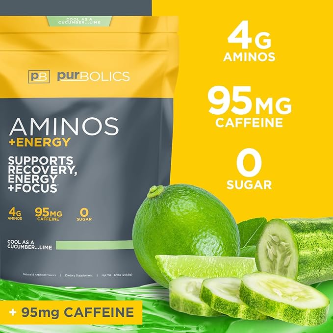 Aminos + Energy | Supports Recovery, Energy & Focus | 95mg of Caffeine, 0 Sugar & 60 Servings (Cool As Cucumber…Lime)