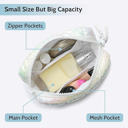 Quilted Cosmetic Bag, Puffer Makeup Bags, Crossbody Purses for women,Cute Travel Toiletry Bag for Women (Dazzling White)