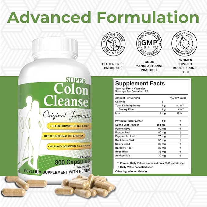 Health Plus Super Colon Cleanse Original Formula (1991-2018), 300 Capsules, 6 Cleanses - Digestive Support, Constipation Relief with Psyllium Husk and Senna Leaf