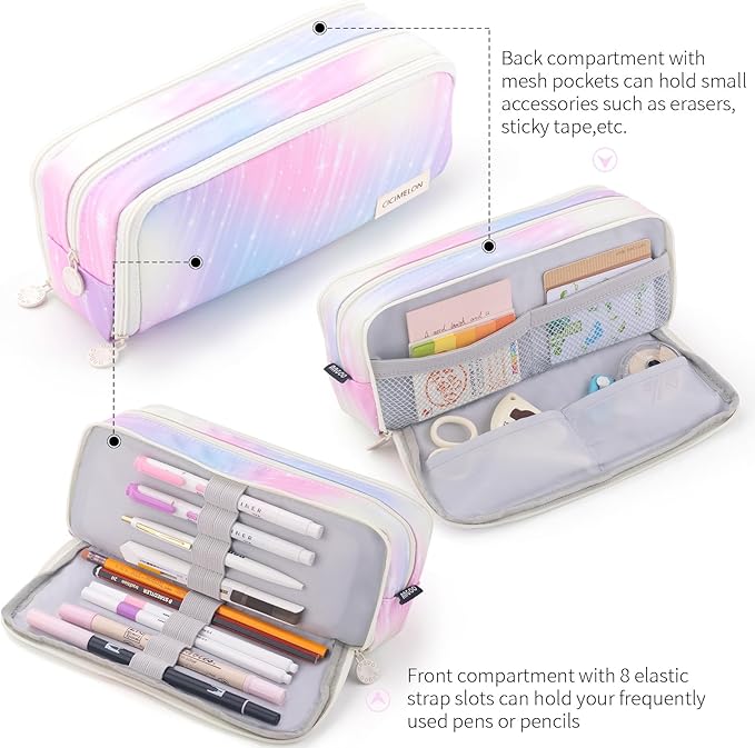 CICIMELON Large Capacity Pencil Case 3 Compartment Pouch Pen Bag for School Teen Girl Boy Men Women (Meteor)