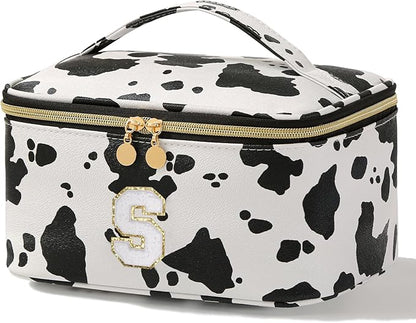 Meiyuuo Large Personalized Makeup Bag for Teen Girls Gifts Cute Cosmetics Bags Chenille Letter Bag Travel Pro Pouch Toiletry Organizer for Women Monogram Cow Print S