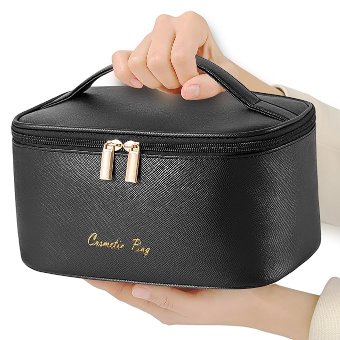 KITENROM Preppy Makeup Bag Premium Travel Cosmetic Bags for Women Zip Pouch Toiletry Organizer Case(Dark Black)