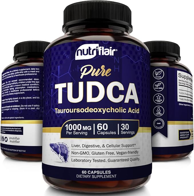 NutriFlair Pure TUDCA 1000mg - Premium Tauroursodeoxycholic Acid Bile Salts, Detox & Cleanse, Non-GMO, Gluten-Free. Liver, Kidney & Gallbladder Support- Made in USA, 60 Capsules