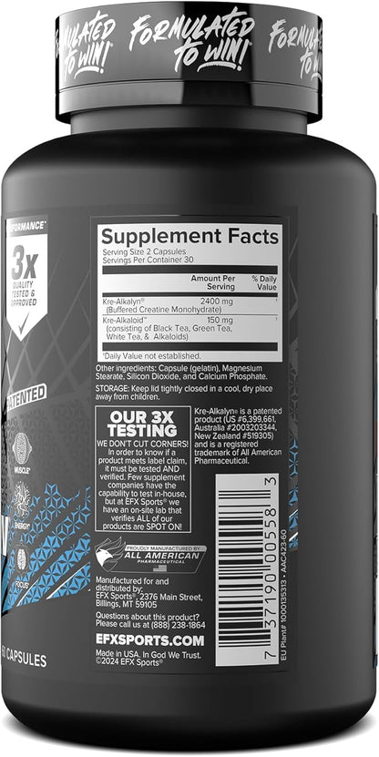 EFX Sports Kre-Alkalyn Pro | pH Correct Creatine Monohydrate Pill Supplement | Muscle Building Pre Workout for Men & Women | 30 Servings, 60 Capsules