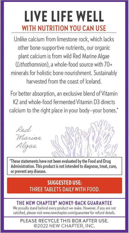 New Chapter Calcium Supplement - Bone Strength Organic Calcium with Magnesium, Vitamin D3+K2, 70+ Trace Minerals for Bone Health, Gluten Free, Easy to Swallow Slim Calcium Tablets - 60 Count