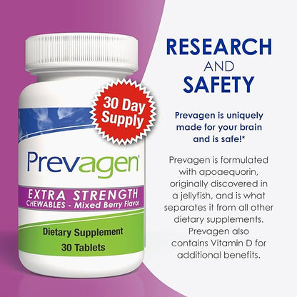 Prevagen Extra Strength 20mg, 30 Chewables|Mixed Berry-3 Pack|with Apoaequorin & Vitamin D with Attractive and Stackable Prevagen Storage Box