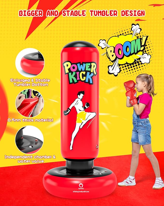 QPAU Kids Punching Bag Toy with Boxing Gloves, 66 Inch Larger Stable Kids Inflatable Boxing Bag Set, Gifts for Boys & Girls Age 6-12, for Practicing Karate, Taekwondo, MMA