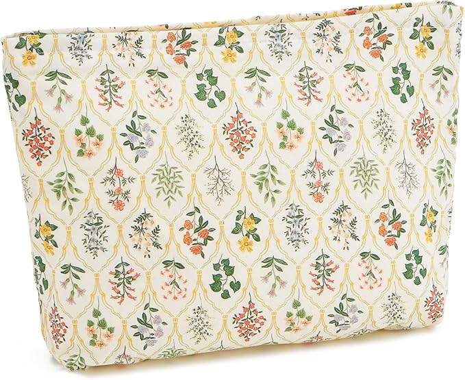 WOZEAH Floral Makeup Bag for Purse Small Cosmetic Pouch,Stylish Zipper Make up Pouch Travel Canvas Toiletry Bags(Rhombic Flower)