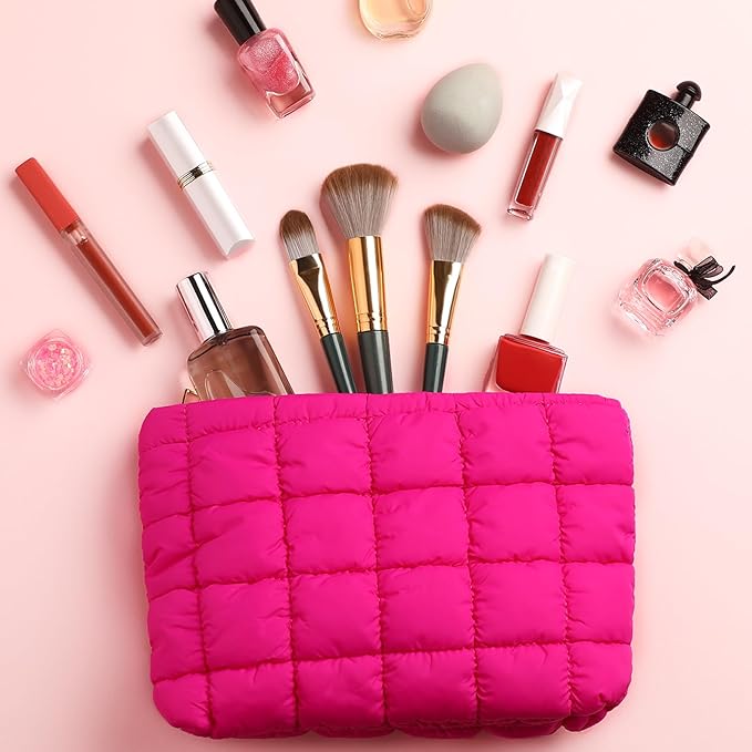 Hillban Puffy Quilted Makeup Bag Quilted Cosmetic Bag Cute Puffer Toiletry Checkered Pouch Aesthetic Travel Makeup Brushes Organizer(Rose Red,Classic)