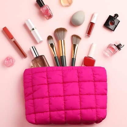Hillban Puffy Quilted Makeup Bag Quilted Cosmetic Bag Cute Puffer Toiletry Checkered Pouch Aesthetic Travel Makeup Brushes Organizer(Rose Red,Classic)