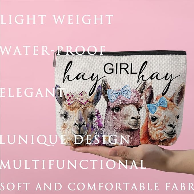 Vintage Funny Llama Gifts Farm Animals Western Makeup Bag Alpaca Graduation Mothers Day Birthday Alpaca Gifts for Girls Women Llama Lovers Friends Daughter Sister Niece Cosmetic Bag Hay girls Hay
