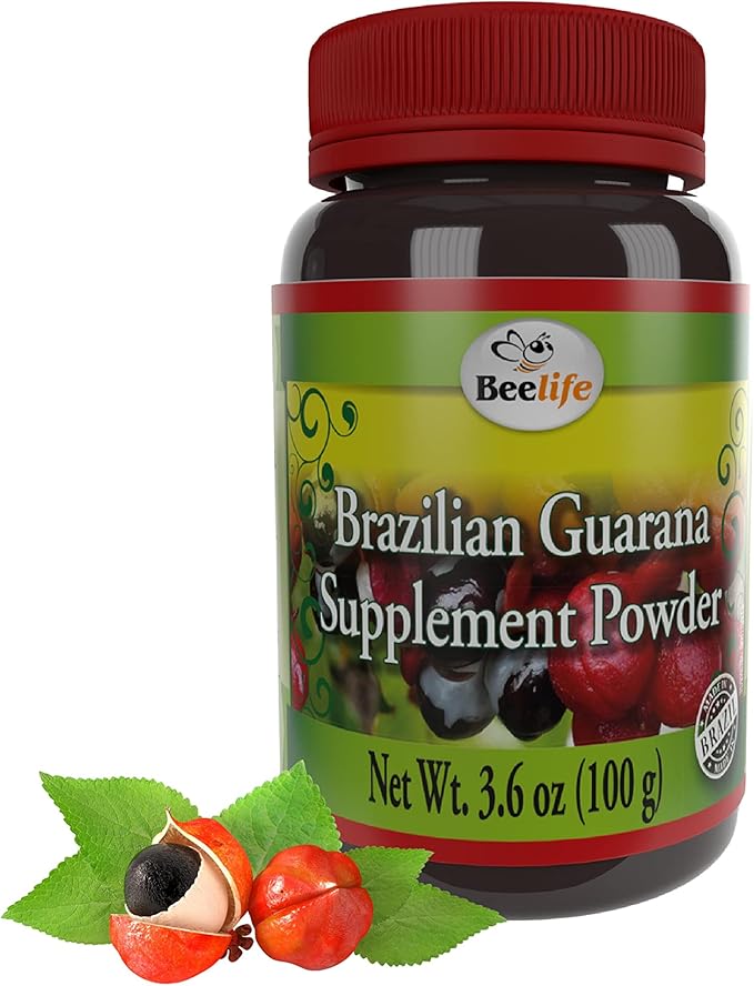 Beelife Brazilian Guarana Powder - Natural Caffeine Supplements from Brazil - Energy & Mental Focus, Muscle Strength Support - Zero Gluten, No Sugar Vegan Pre Workout for Men & Women - 100g