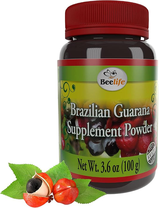 Beelife Brazilian Guarana Powder - Natural Caffeine Supplements from Brazil - Energy & Mental Focus, Muscle Strength Support - Zero Gluten, No Sugar Vegan Pre Workout for Men & Women - 100g