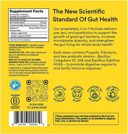 Beekeeper's Naturals Complete Gut Health, 3-in-1 Prebiotic, Postbiotic, Probiotics for Digestive Health & Bloating Relief for Women & Men, Propolis Powered, Gluten-Free Vegan Capsules, 20ct