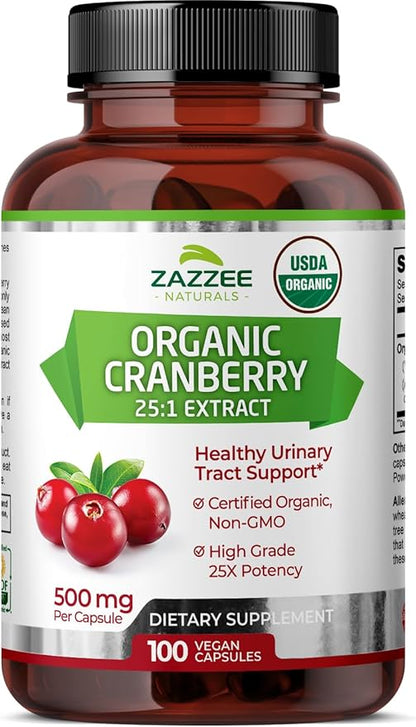 Zazzee USDA Organic Cranberry 25:1 Extract, 12,500 mg Strength, 100 Vegan Capsules, Over 3 Month Supply, Standardized, Concentrated 25X Extract, 100% Vegetarian, Certified Organic, Non-GMO All-Natural