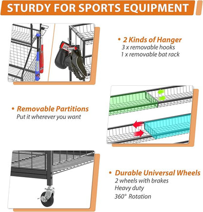 Gadroad Sports Equipment Organizer, Ball Rack, Gear & Ball Storage - Garage Organizer with Baskets, Hooks & Rolling Cart - Black