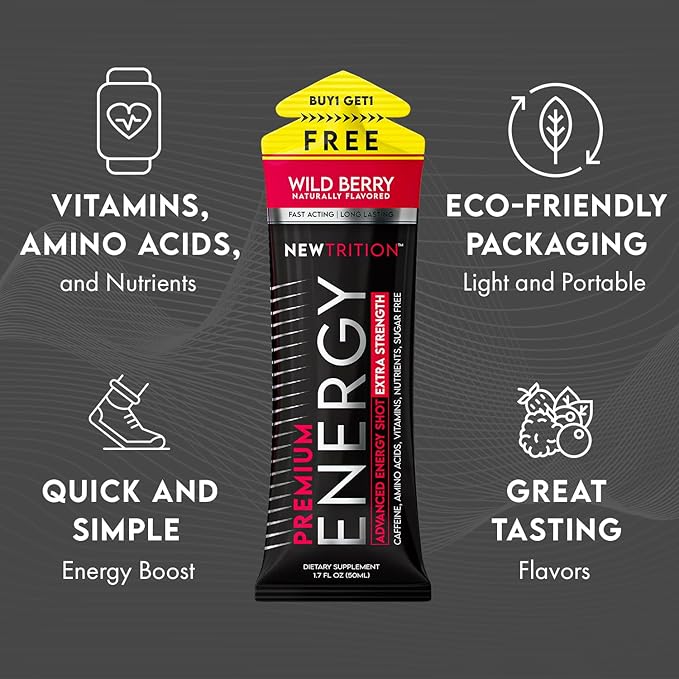 Extra Strength Energy Shots, Caffeine Energy Shots with Vitamin B & Amino Acids, Sugar-Free Vitamin Energy Shot, 1.7 fl oz, Raspberry, 4 Count
