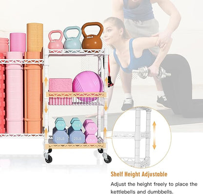Home Gym Storage, 3 Tiers Workout Equipment Organizer with Wheels for Yoga Mats, Foam Roller, Dumbbells, Kettlebells, and Resistance Bands