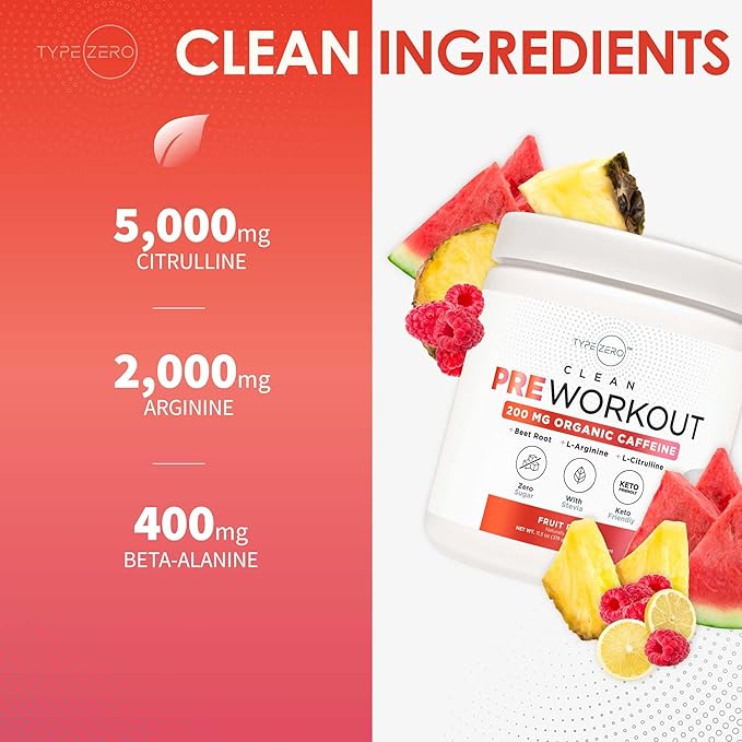 Type Zero Clean Pre Workout (11.3 oz, Fruit Punch) + Beet Root + L-Arginine + L-Citrulline, 2G Arginine, L-Citrulline Malate, Beta A, Sugar Free, Organic Caffeine Preworkout for Men & Women