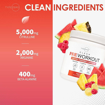 Type Zero Clean Pre Workout (11.3 oz, Fruit Punch) + Beet Root + L-Arginine + L-Citrulline, 2G Arginine, L-Citrulline Malate, Beta A, Sugar Free, Organic Caffeine Preworkout for Men & Women