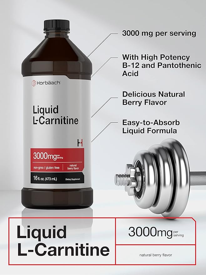 Horbäach L-Carnitine Liquid 16 oz | 3000 mg | Berry Flavor | Vegetarian Formula | Non-GMO, Gluten Free Supplement
