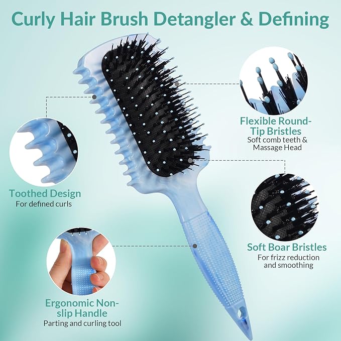 Curl Defining Brush, Volume Curly Hair Brush Products for Effortlessly Detangling Shaping and Styling Women's Men's Curls on All Wet or Dry Hair Types, Reduces Frizz (Marble Blue)