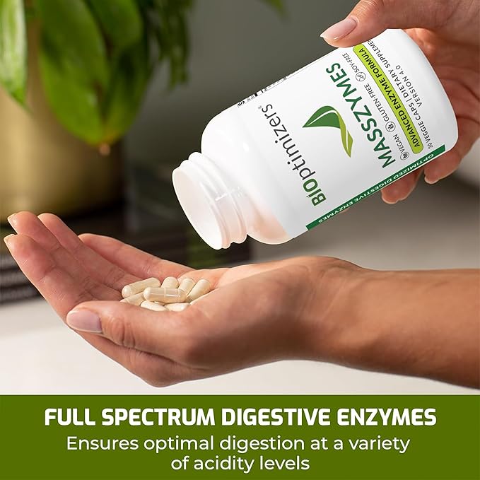 BiOptimizers - MassZymes 4.0 with AstraZyme - Digestive Enzyme Supplement for Better Absorption - Relief from Bloating, Constipation, and Gas - Contains Lipase, Amylase, and Bromelain, 30 Capsules