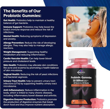 Probiotic Gummies - 50 Billion Probiotics - Time-Release Formula - Fruit Juice Extract - Gluten Free