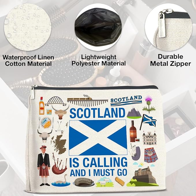 Scotland Travel Gifts Makeup Bag Scotland Gifts for Women Friends Traveler Cosmetic Bag Scotland Is Calling Zipper Makeup Pouch