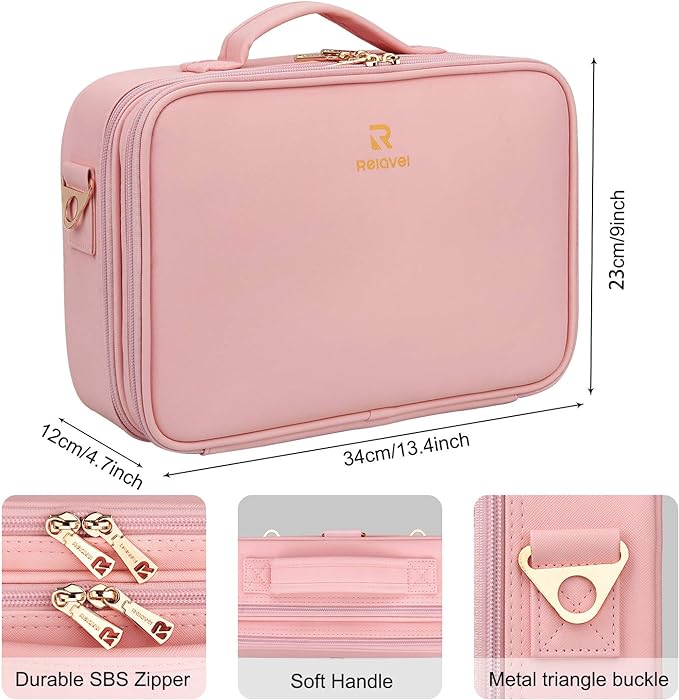 Relavel Travel Makeup Train Case Makeup Cosmetic Case Organizer Portable Artist Storage Bag with Adjustable Dividers for Cosmetics Makeup Brushes Toiletry Jewelry Digital Accessories
